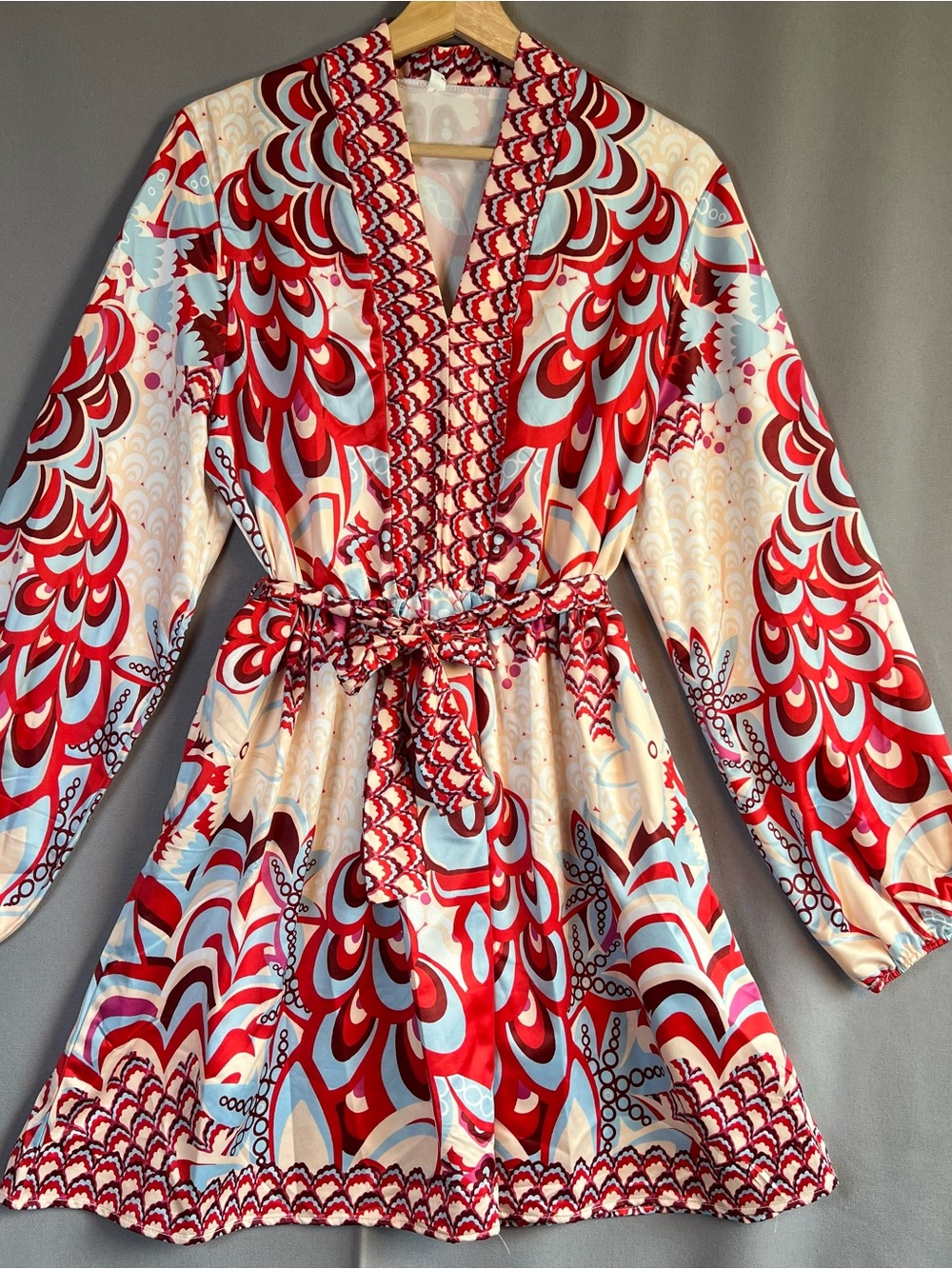 Womens Silky SzL Red & Light Blue Floral Print Dress with Tie Detail Long Sleeve